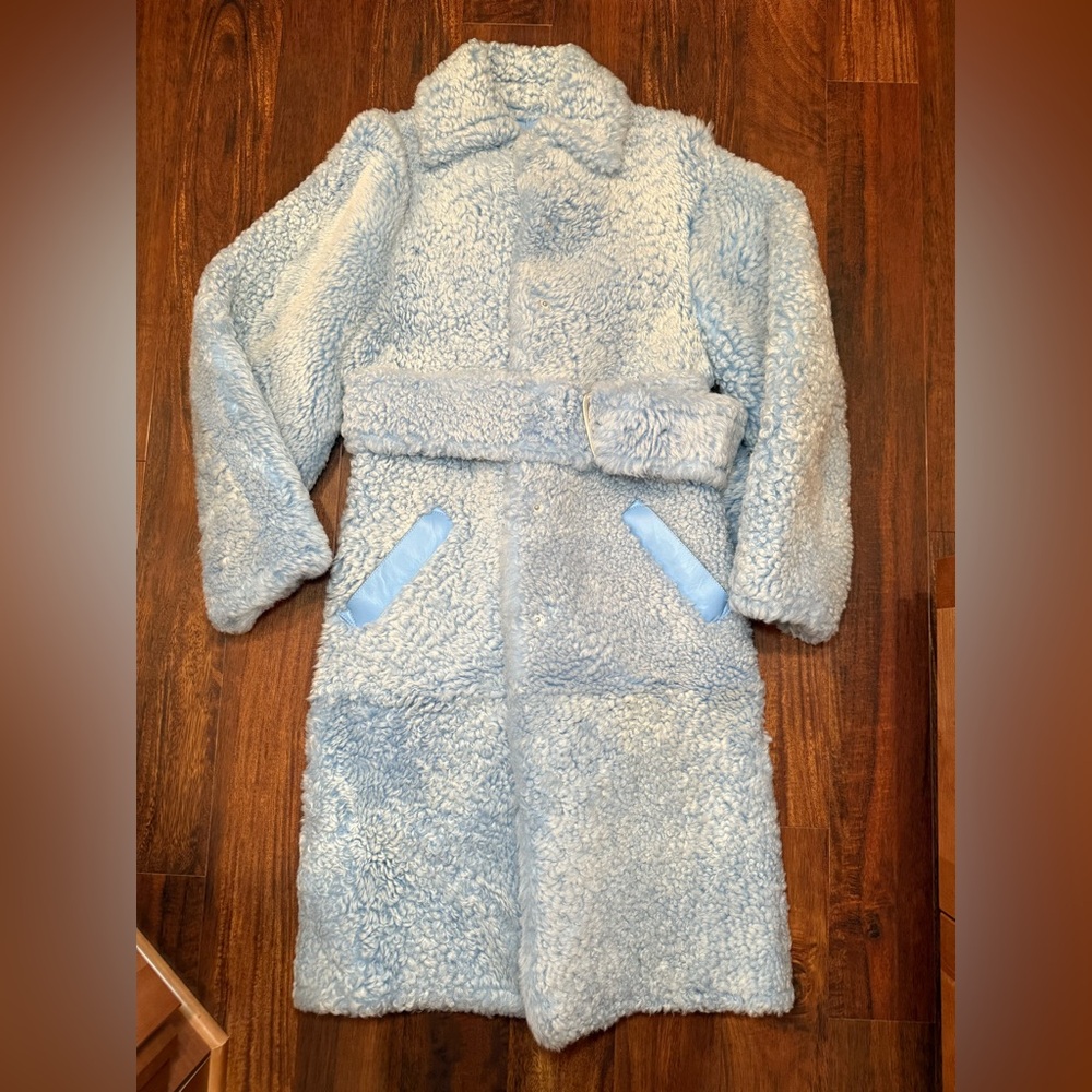 Off-White Light Blue 100% Shearling Lamb Leather Full Length Round Coat IT42